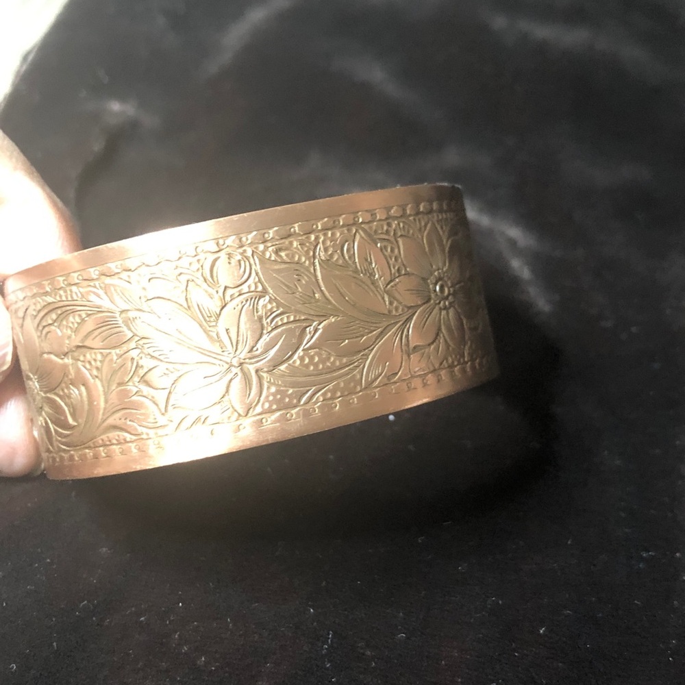 Engraved Floral Copper Cuff Bracelet - Women's Accessory